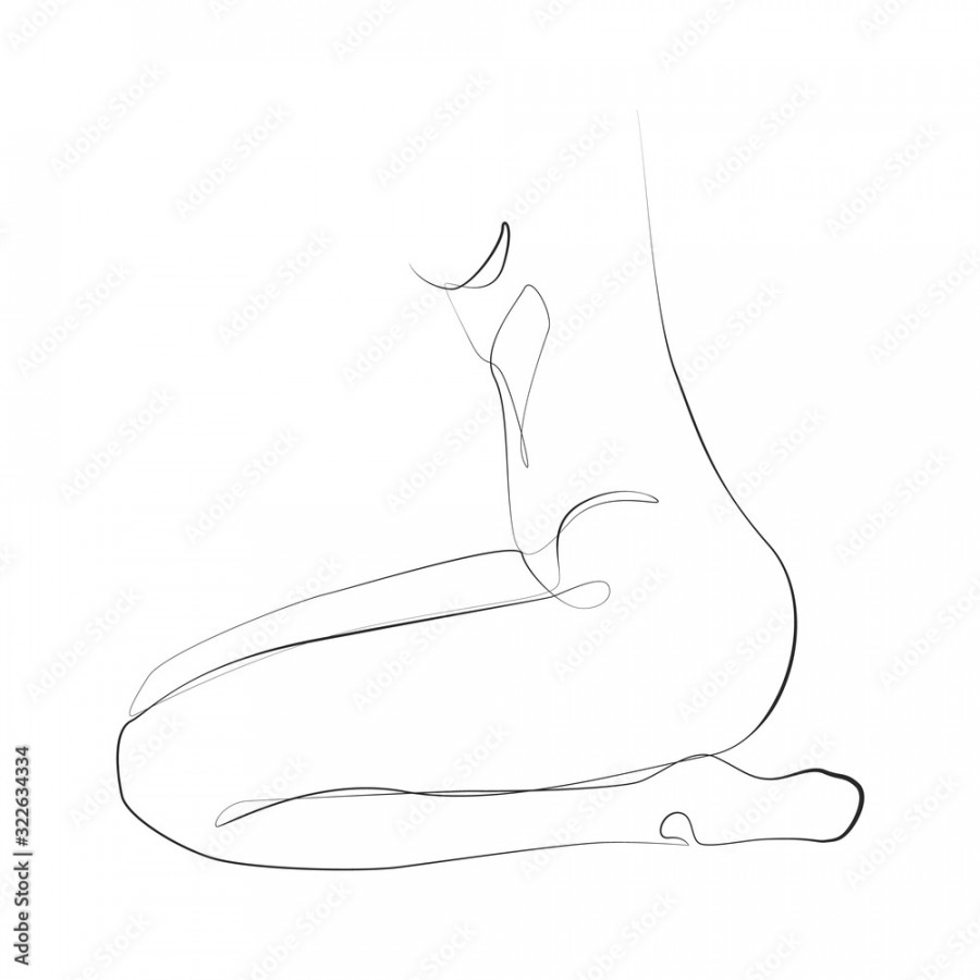 Nude woman sitting on her knees one line drawing on white isolated