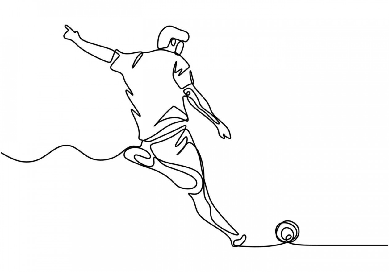 One line drawing of football player kick a ball