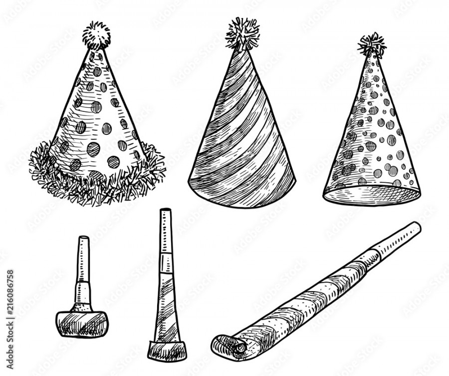 Party hat and blower whistle illustration, drawing, engraving, ink