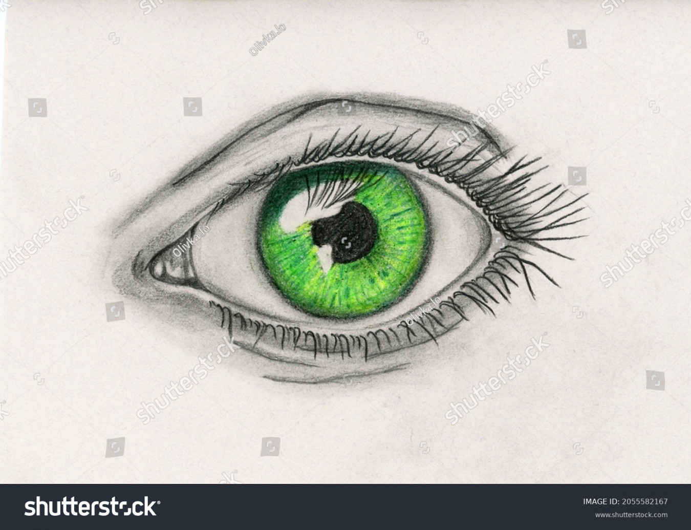 Pencil Drawing Bright Green Eye Stock Illustration