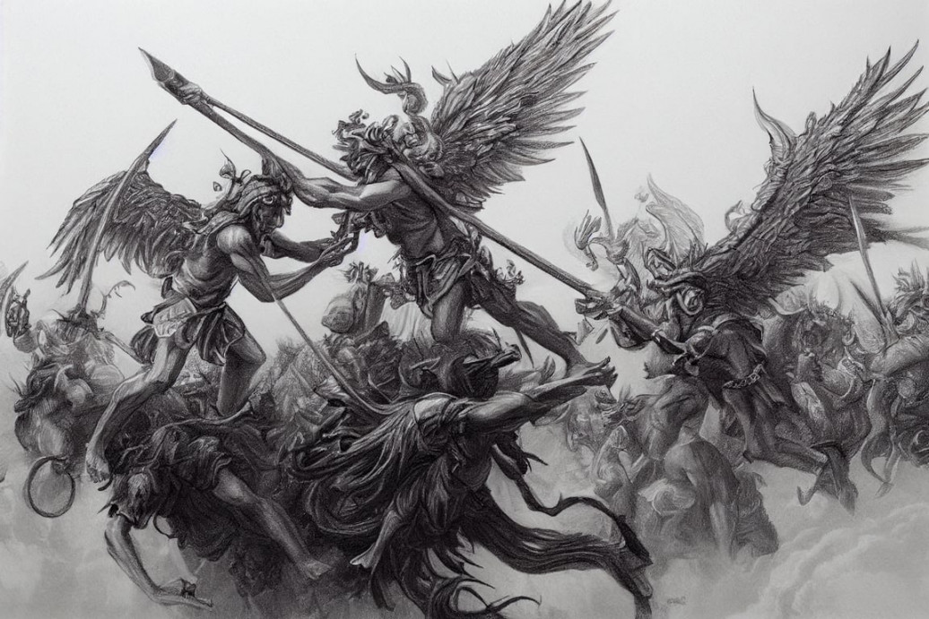 prompthunt: detailed pencil drawing of angels and demons fighting,