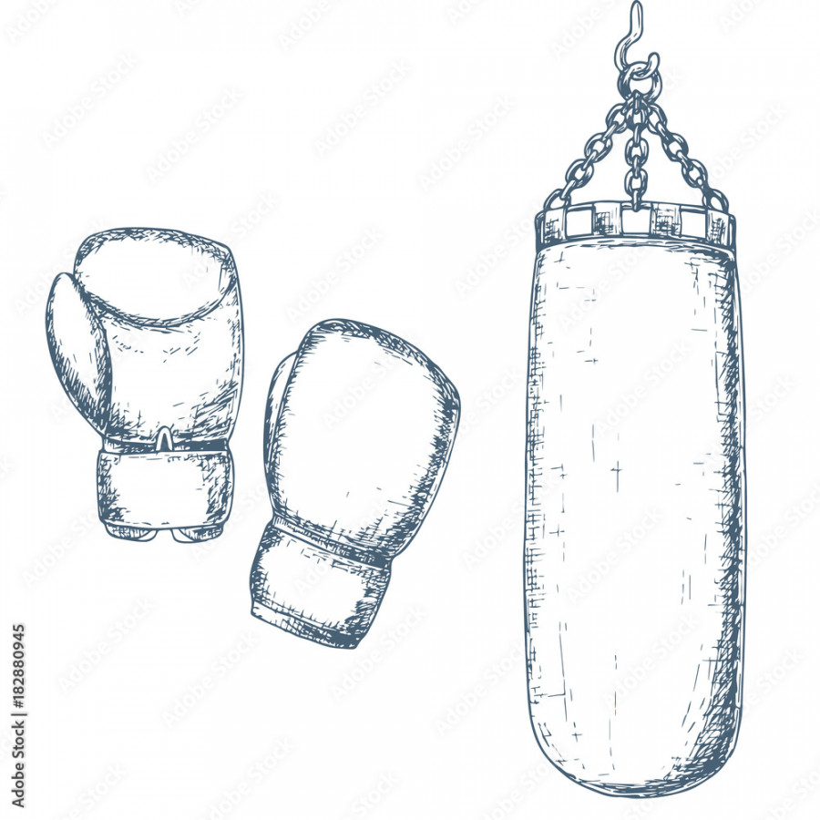 Punching bag and boxing gloves, cartoon illustration of gym