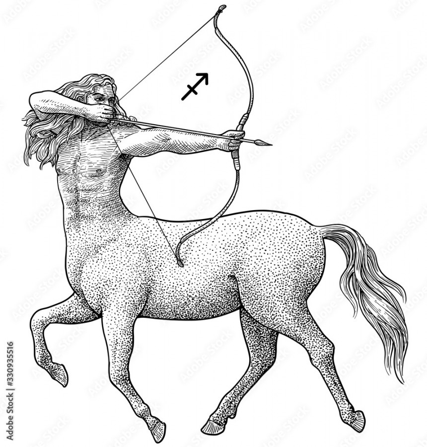 Sagittarius zodiac symbol illustration, drawing, engraving, ink