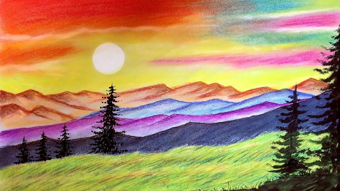 Scenery drawing of Sunset over a mountain with soft pastels in easy step