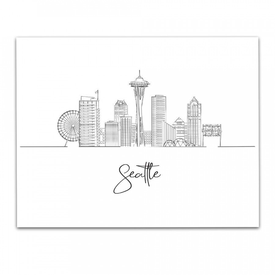 Seattle Washington City Skyline Landscape Hand Illustrated Skyline