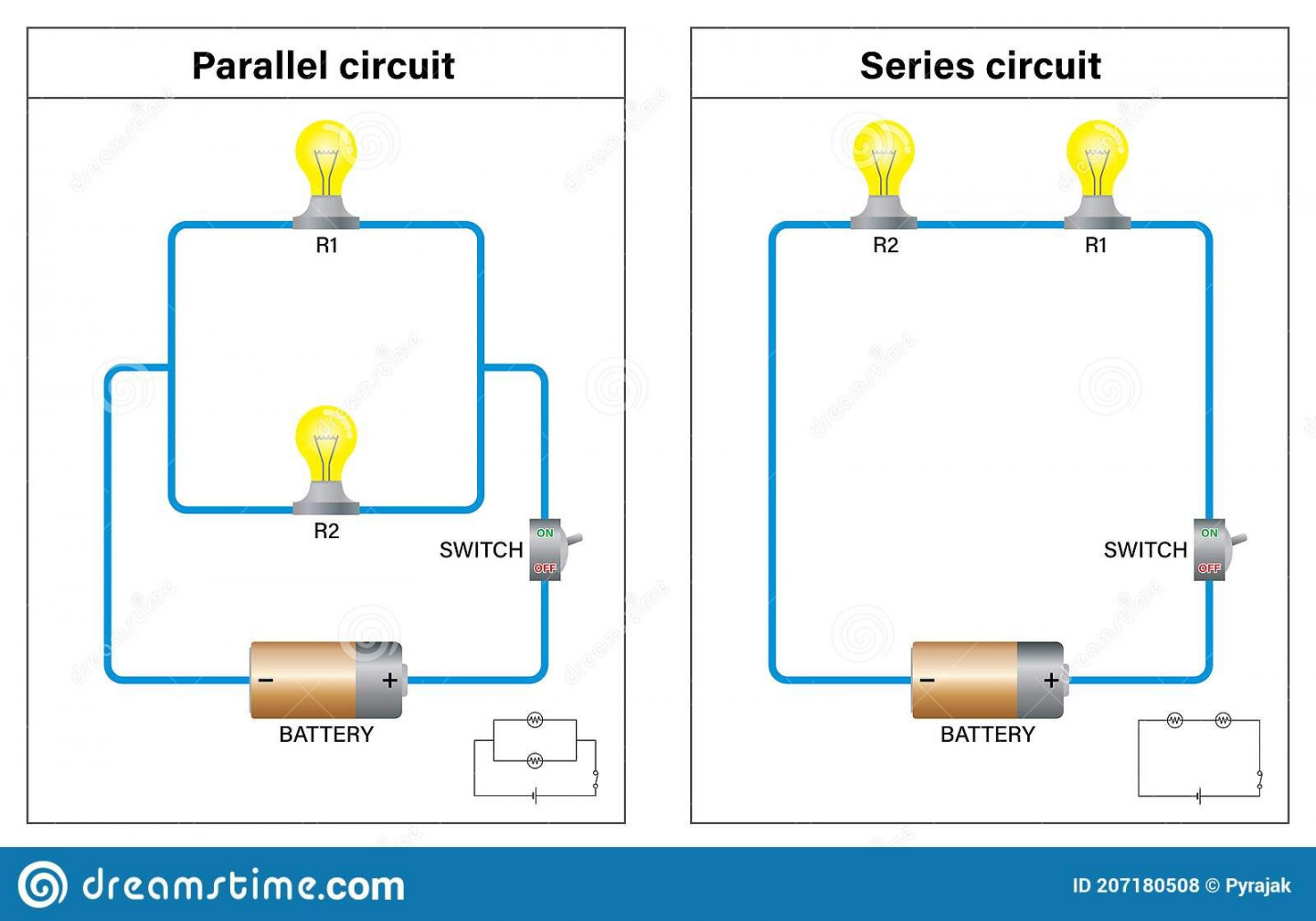 Series Circuit And Parallel Circuit Switch On Diagram Stock Vector