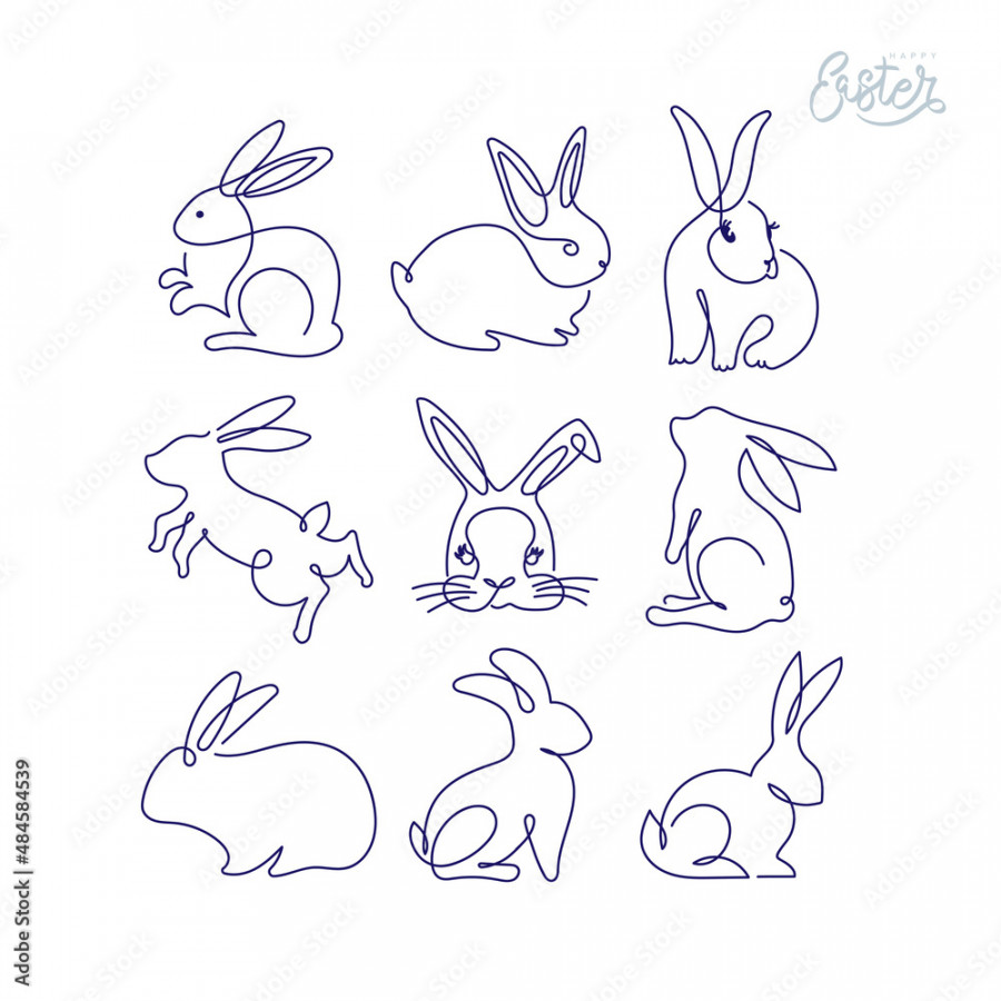 Set of Easter bunny in simple one line style