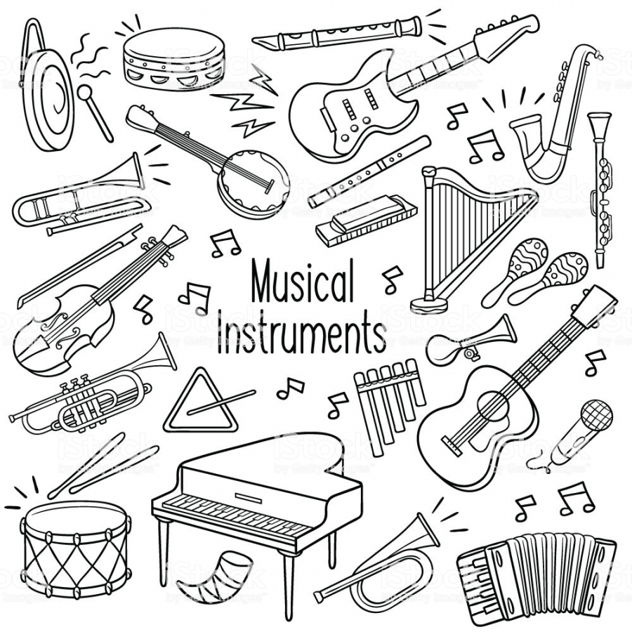 Set of musical instrument outlined doodle sketch in black color