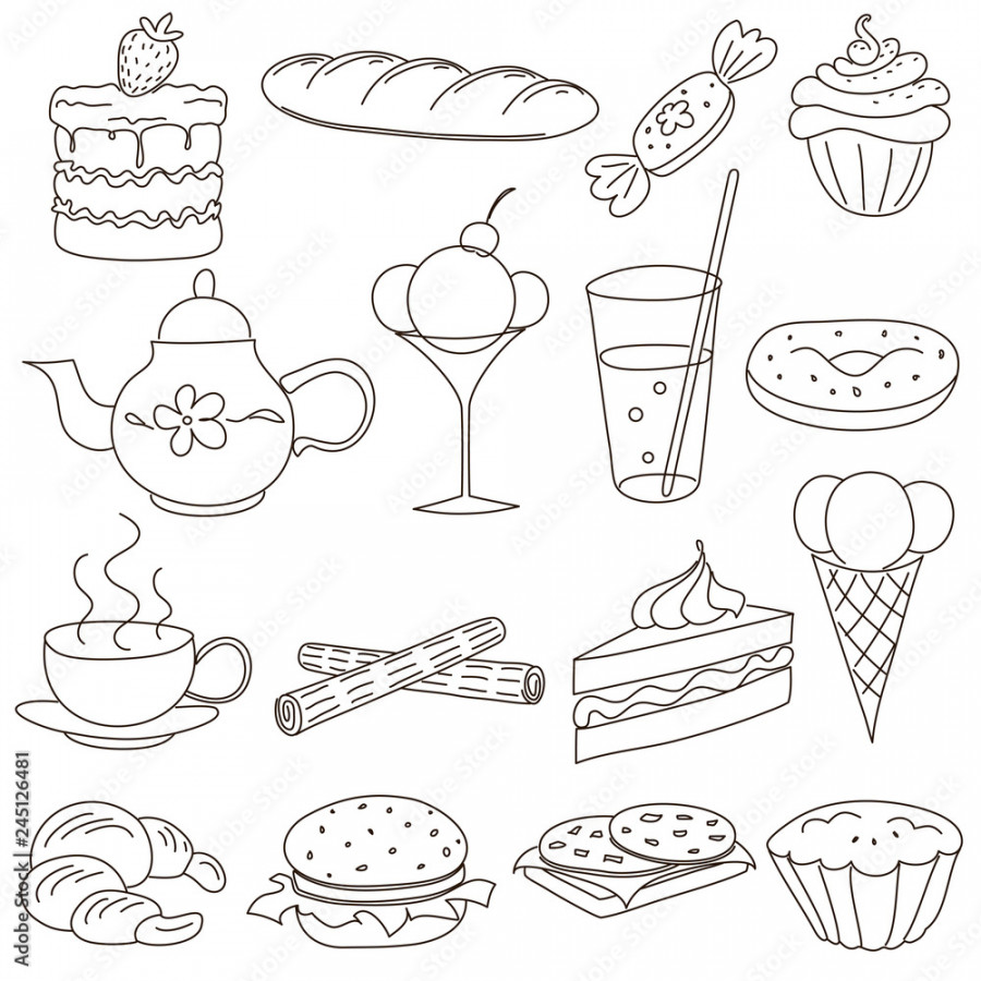 Set of outline doodle icons for tea party