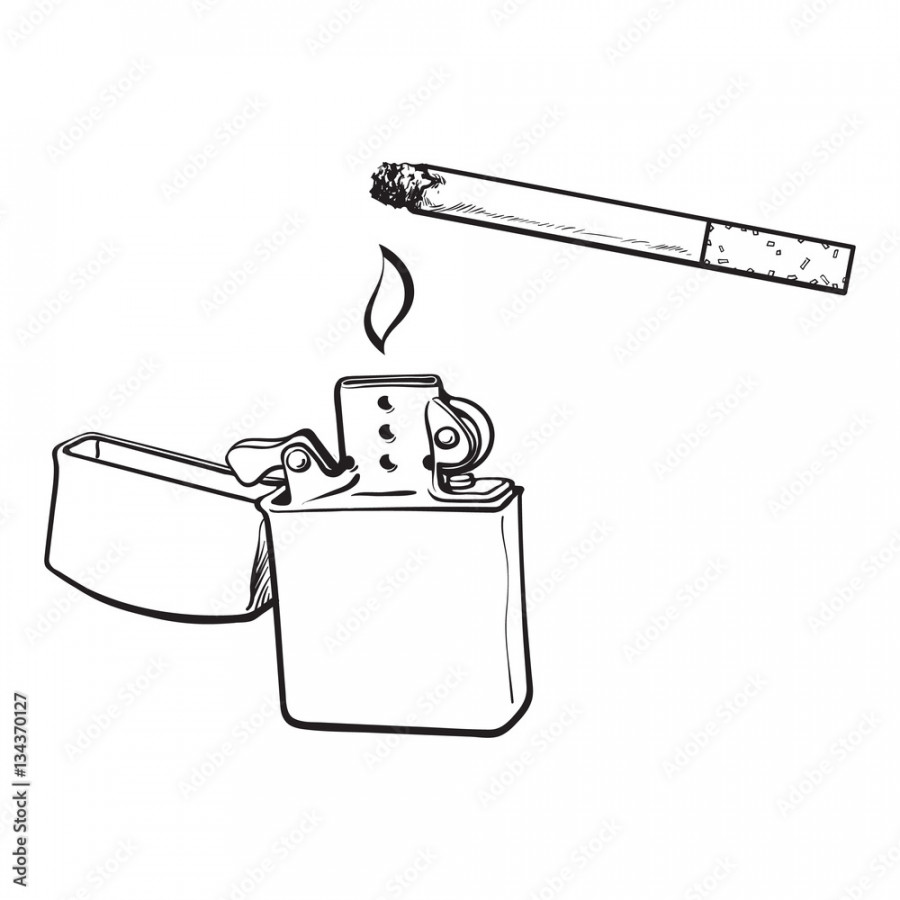 Silver metal lighter and burning cigarette, sketch vector