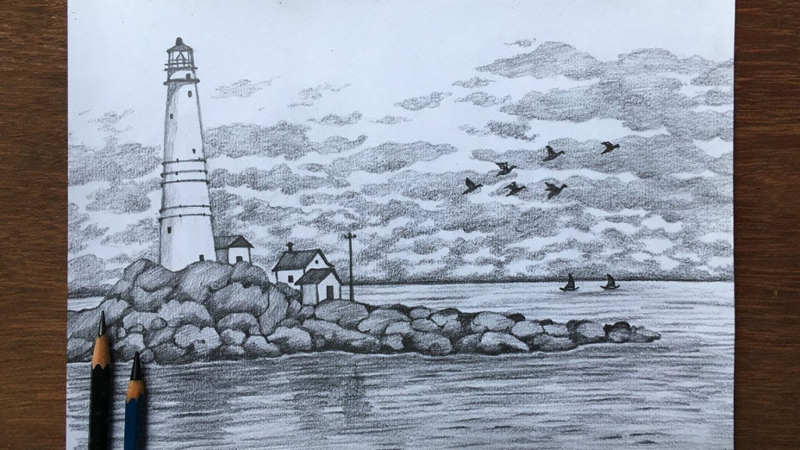 Simple light house drawing in pencil  scenery drawing  pencil sketch