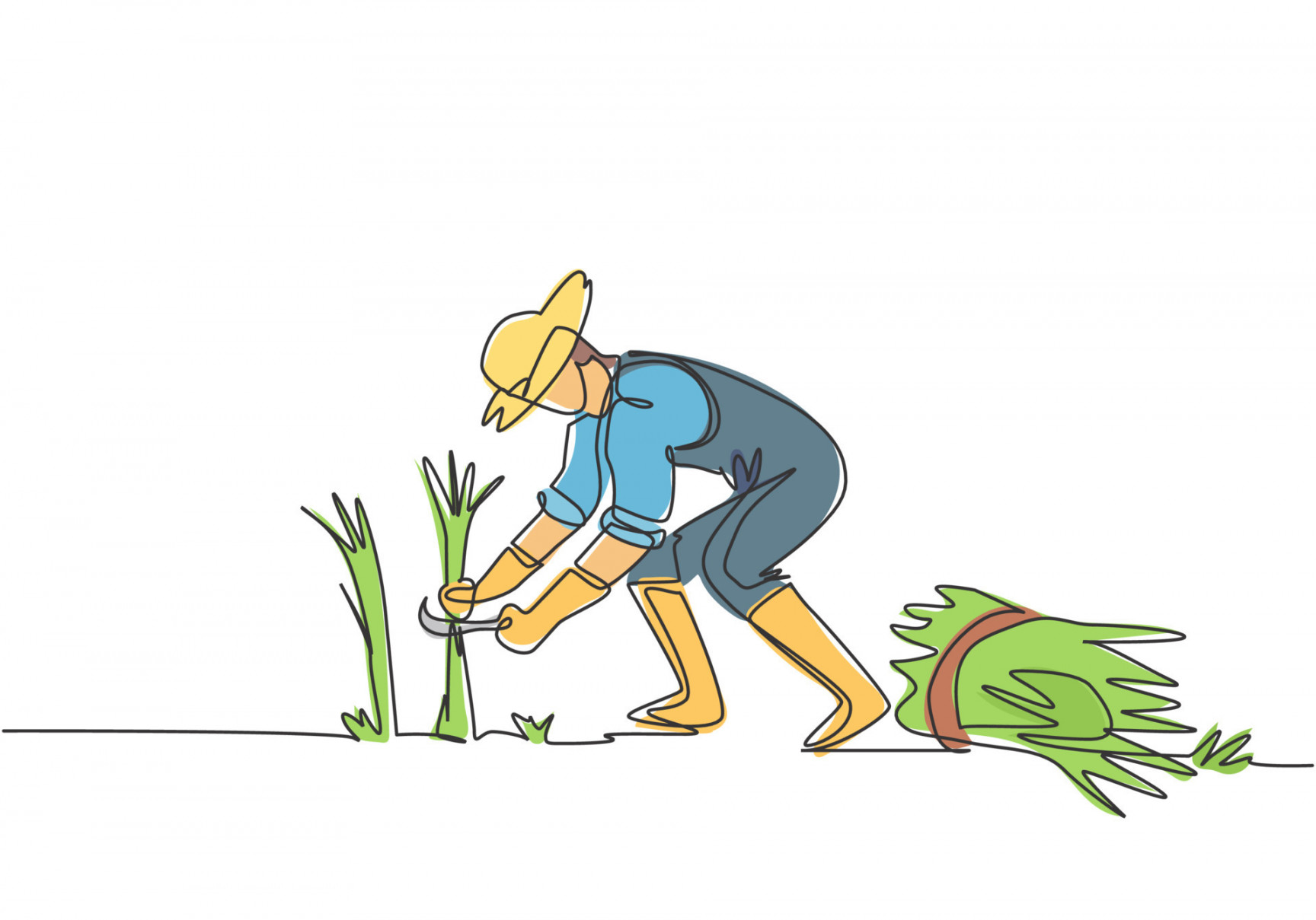 Single one line drawing of young male farmer was harvesting rice