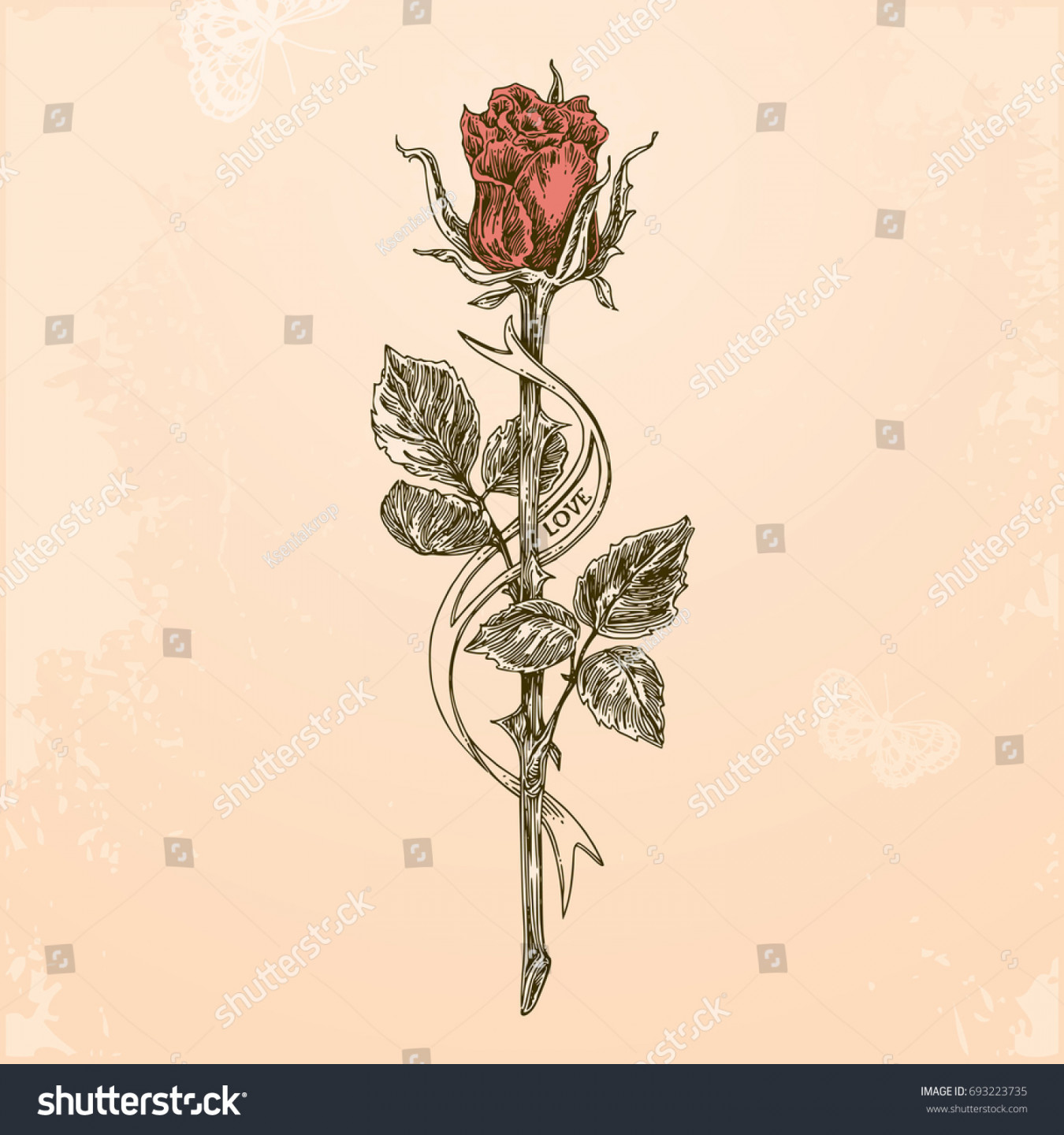 Sketch Tattoo Rose On Long Stem: Stock-Vektorgrafik (Lizenzfrei