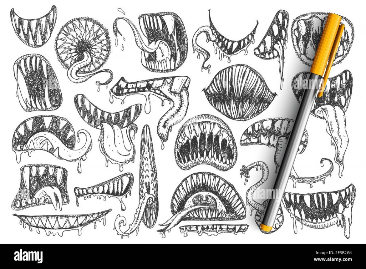 Spooky teeth and mouth doodle set