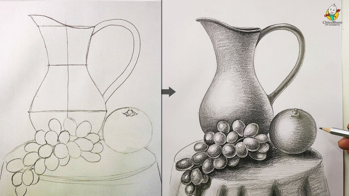 Still Life Drawing for Beginners Easy Step by Step with Pencil Shading   How To Draw a Jug, Grapes