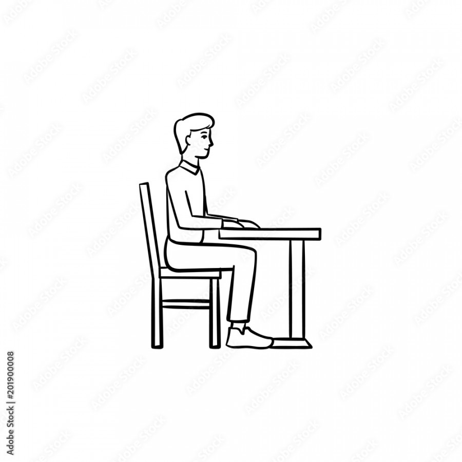 Student sitting on chair at the desk hand drawn outline doodle