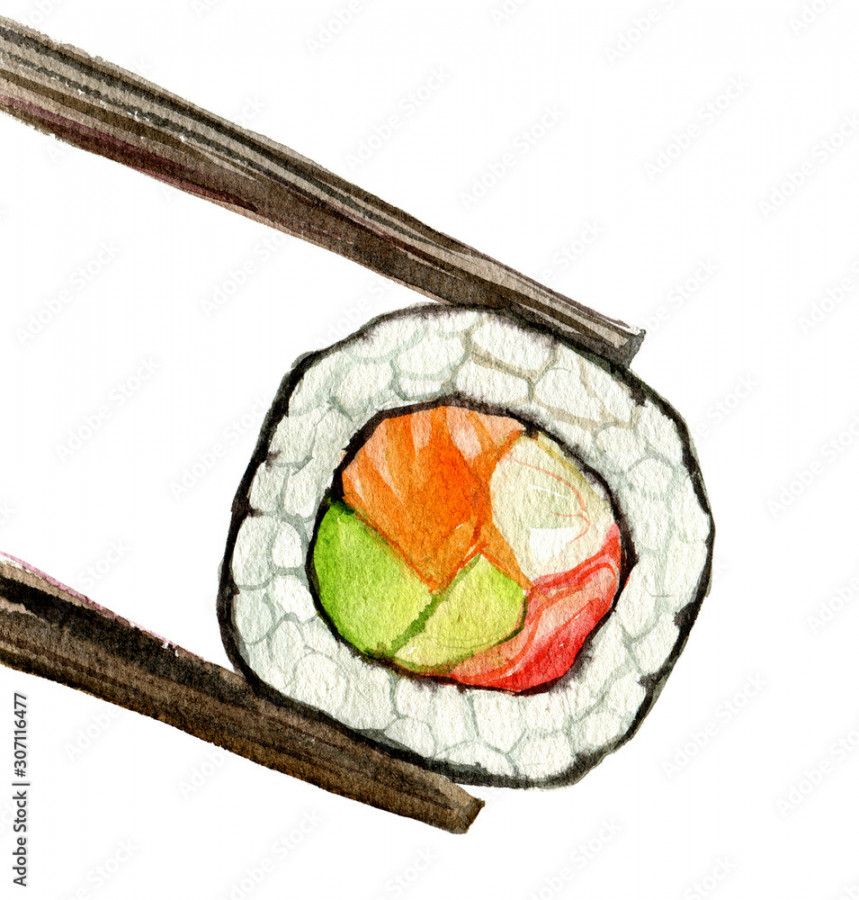 Sushi roll with salmon, avocado and sticks, isolated on white