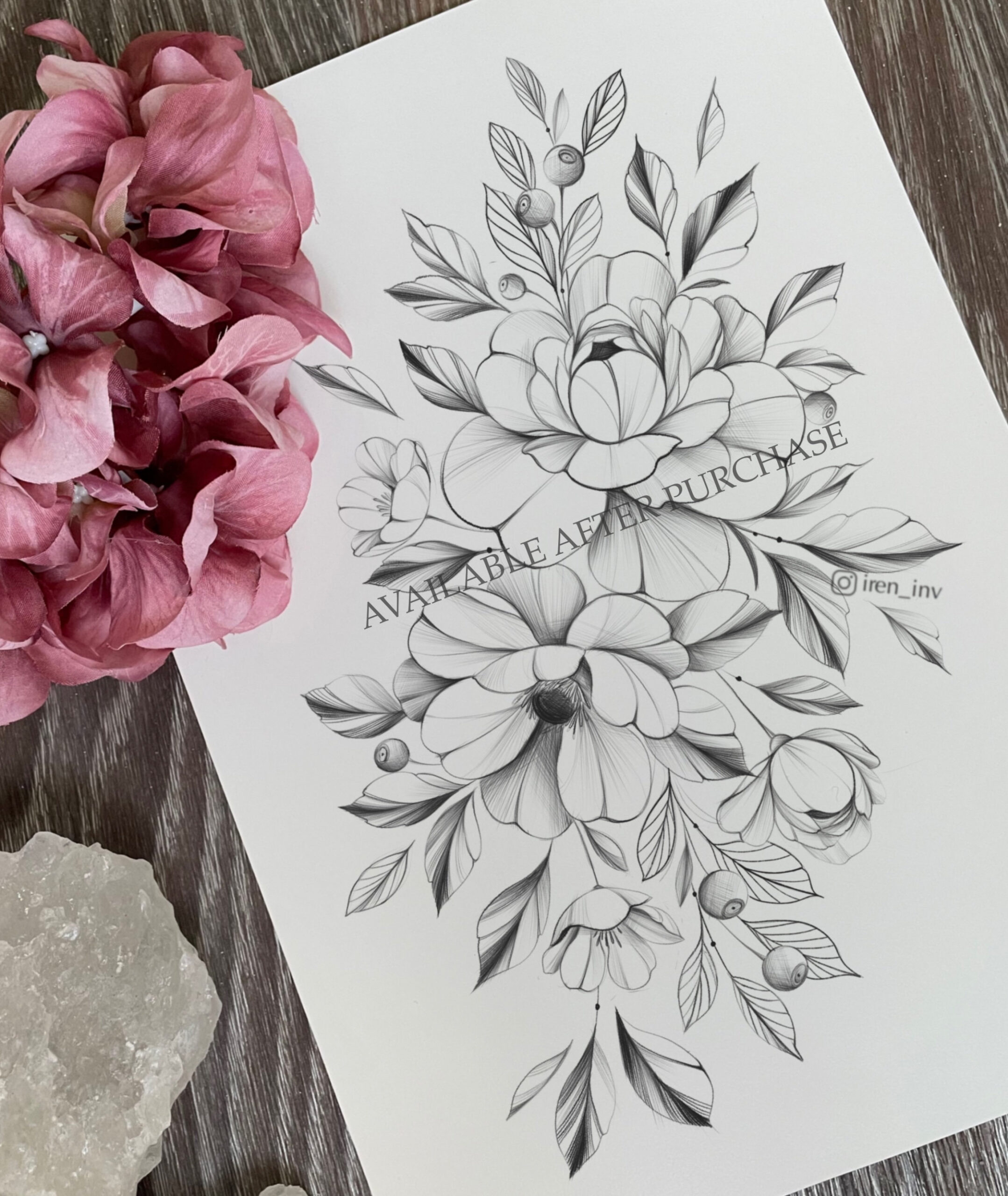 Tattoo Design Anemone Peony Flowers and Blackberry Instant