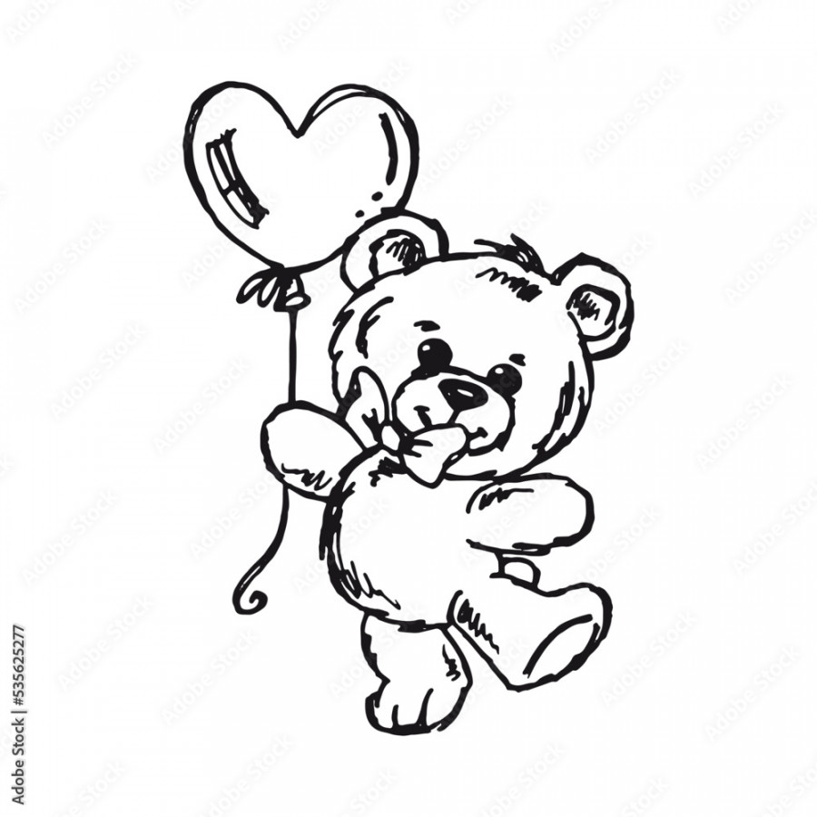 Teddy bear with heart balloon - cute bear vector drawing Stock