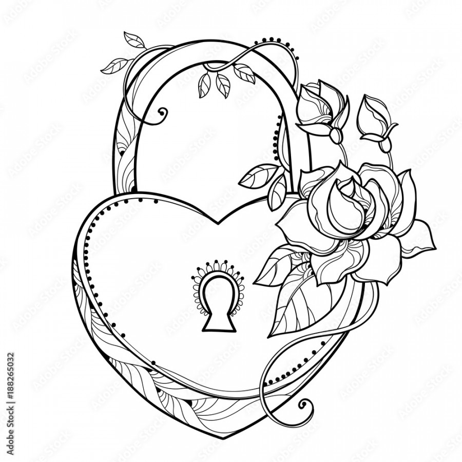 Vector drawing of lock heart with outline ornate roses, leaf and