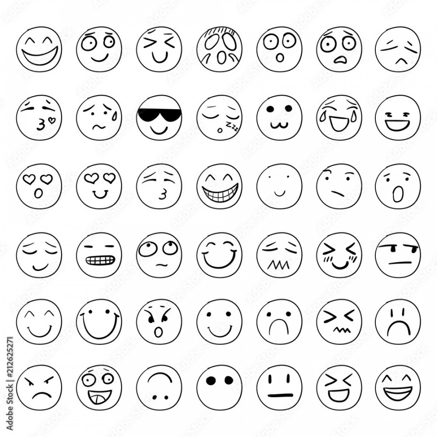 Vector Hand Drawn Smiley Faces Set, Black Outline Drawings