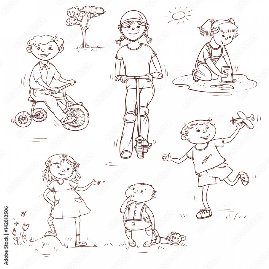 Vector set of sketch illustration of active children playing