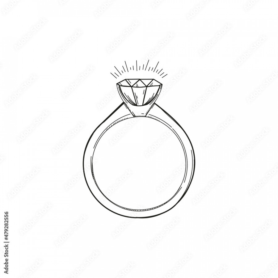 Wedding ring vector draw with diamond in doodle style isolated on