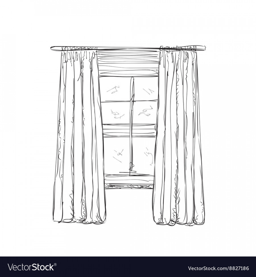 Window and curtains sketch Royalty Free Vector Image