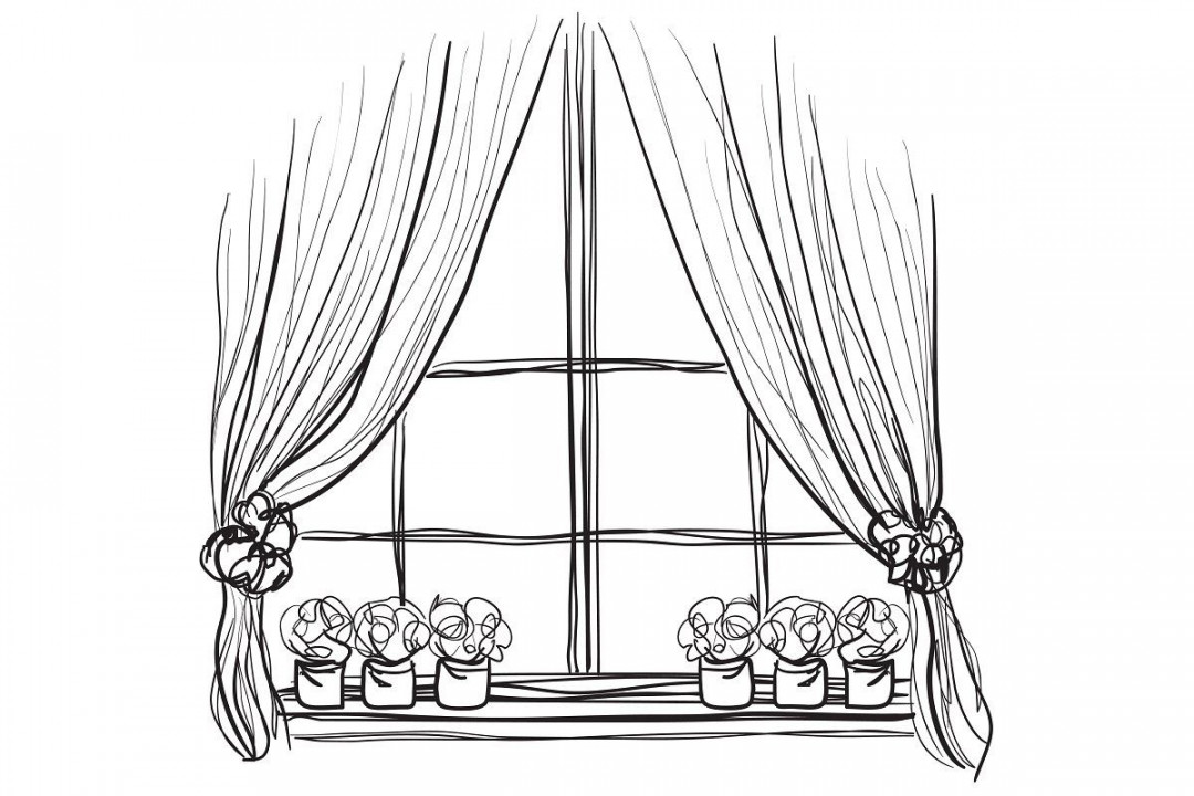 Windows sketch with curtains  Curtains, Window sketch, Flower pots