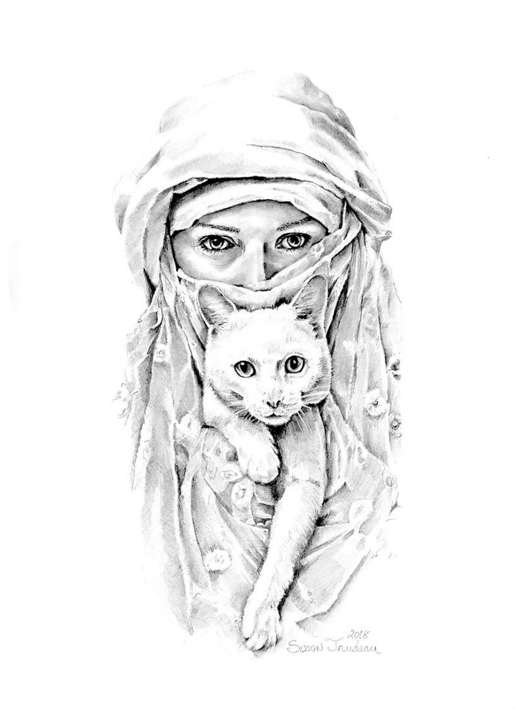 Woman with Scarf and Cute Cat-Original Pencil Drawing-Realism  Art-Artwork-Portrait-Realistic Sketch-Realistic Drawing of a Cat