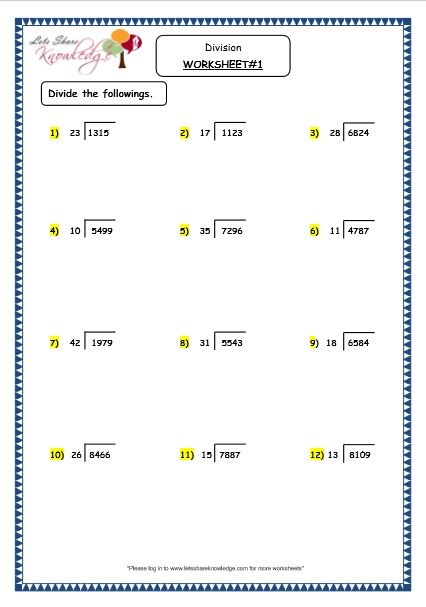 4-Digit Division Without Remainders Worksheets 12