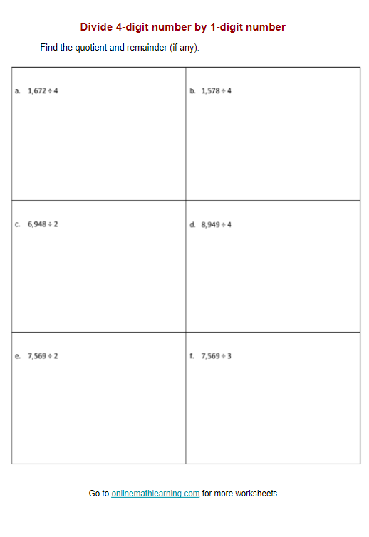 4-Digit Division Without Remainders Worksheets 19