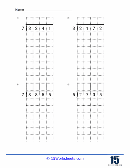 4-Digit Division Without Remainders Worksheets 29