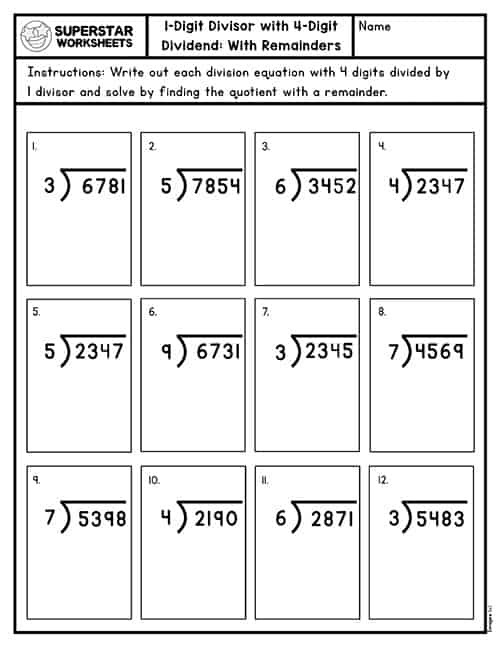 4-Digit Division Without Remainders Worksheets 35