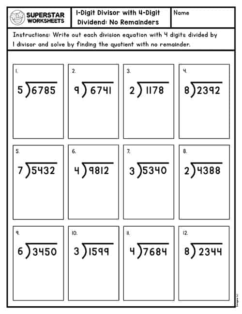 4-Digit Division Without Remainders Worksheets 55