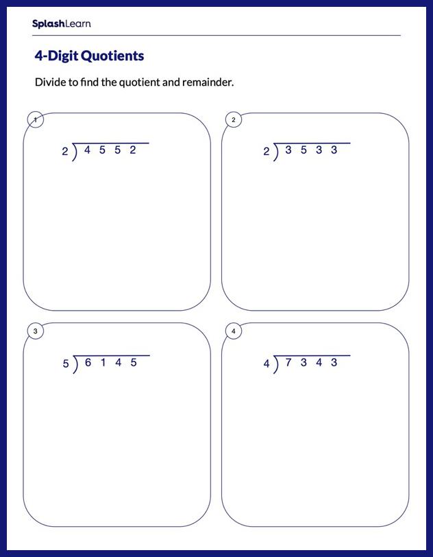 4-Digit Division Without Remainders Worksheets 70