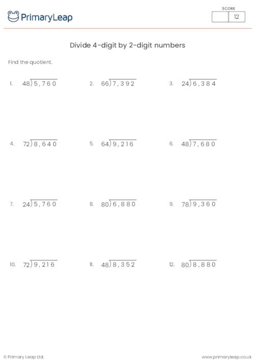 4-Digit Division Without Remainders Worksheets 71