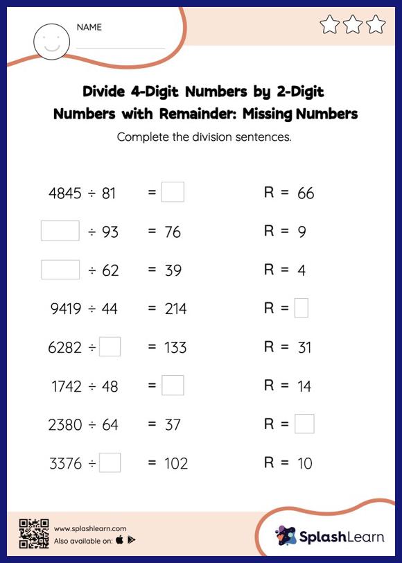 4-Digit Division Without Remainders Worksheets 96