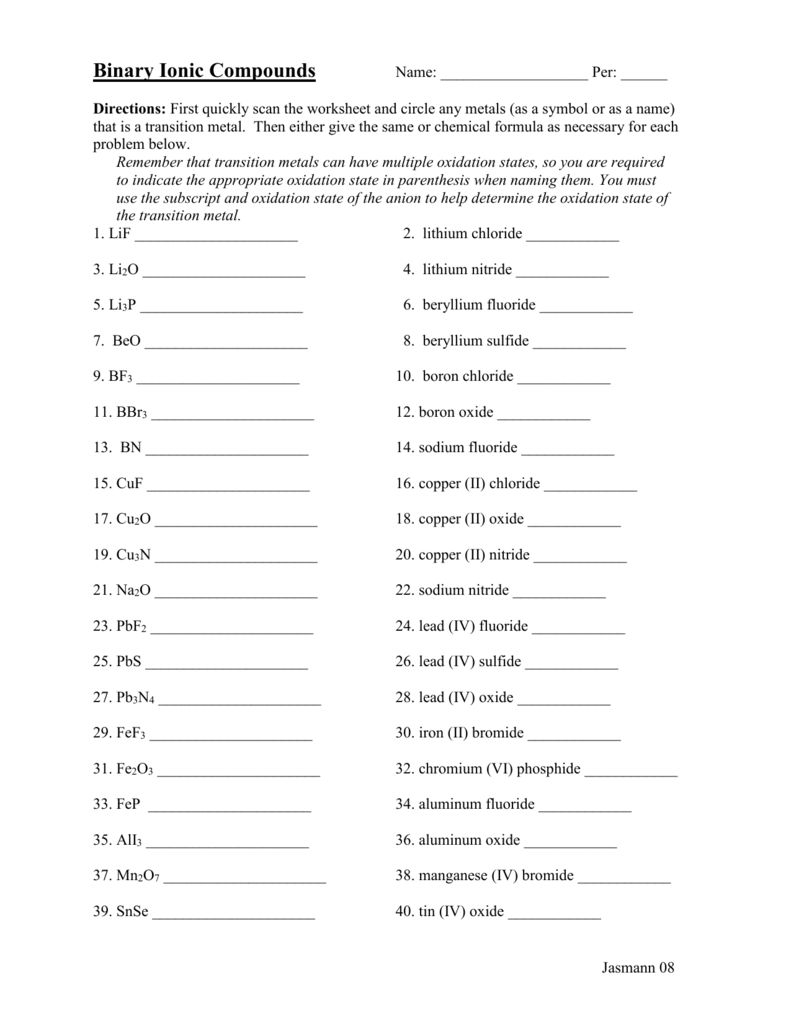 Naming Binary Compounds Worksheet With Answers 12