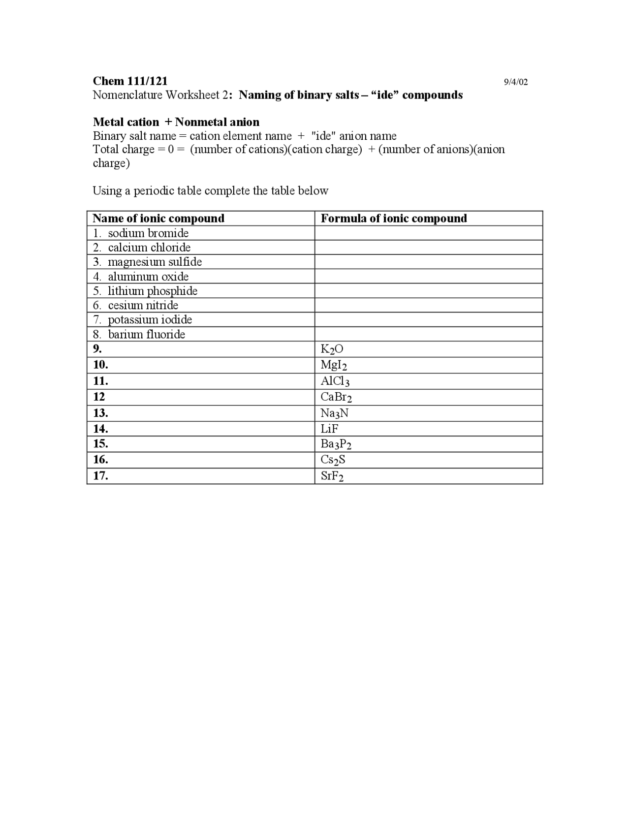 Naming Binary Compounds Worksheet With Answers 43