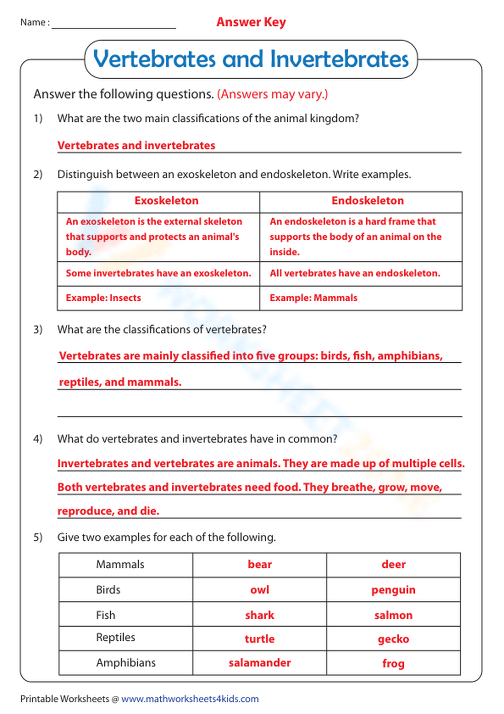 Print 40+ Vertebrates And Invertebrates Worksheets 21