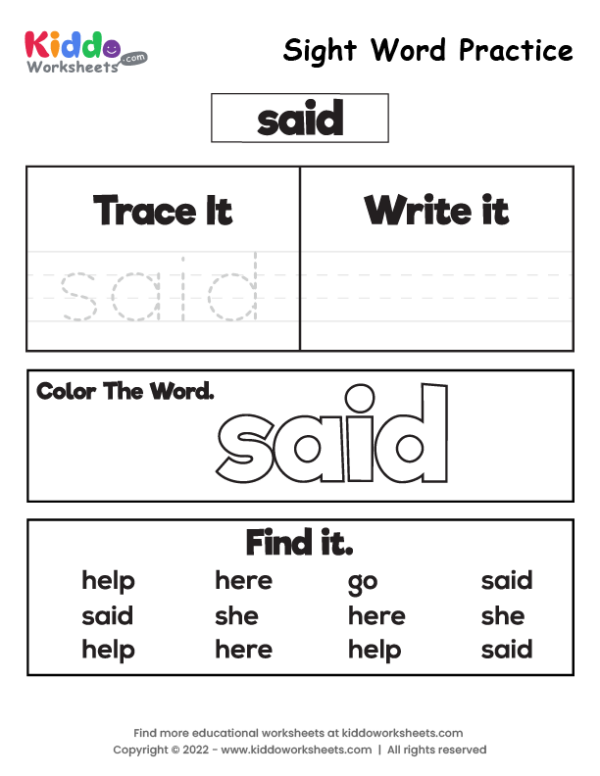 Said Sight Word Worksheet 1