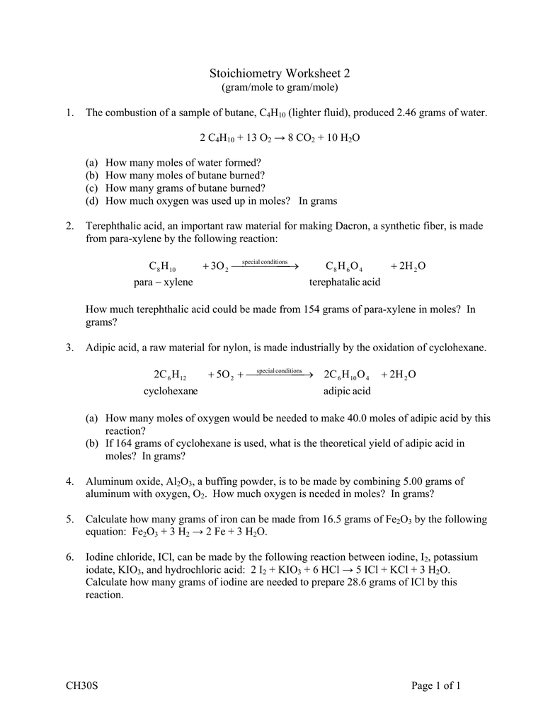 Stoichiometry Worksheet 2 Answers 1