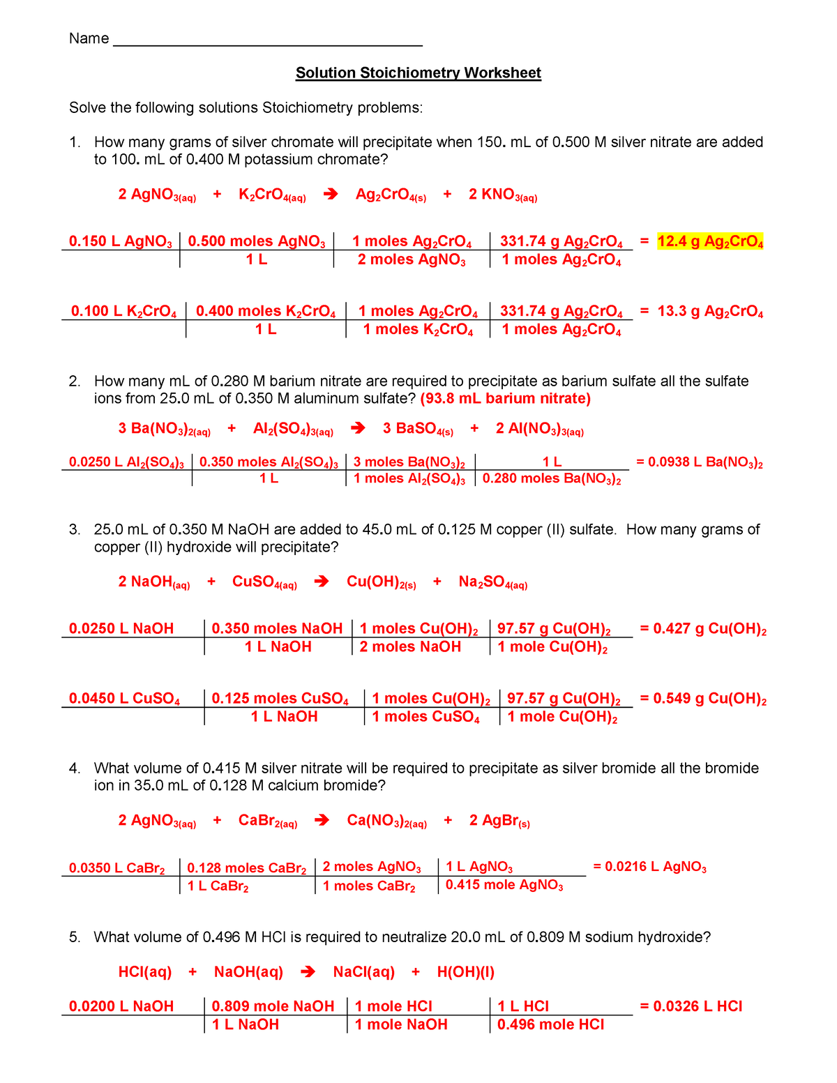 Stoichiometry Worksheet 2 Answers 11