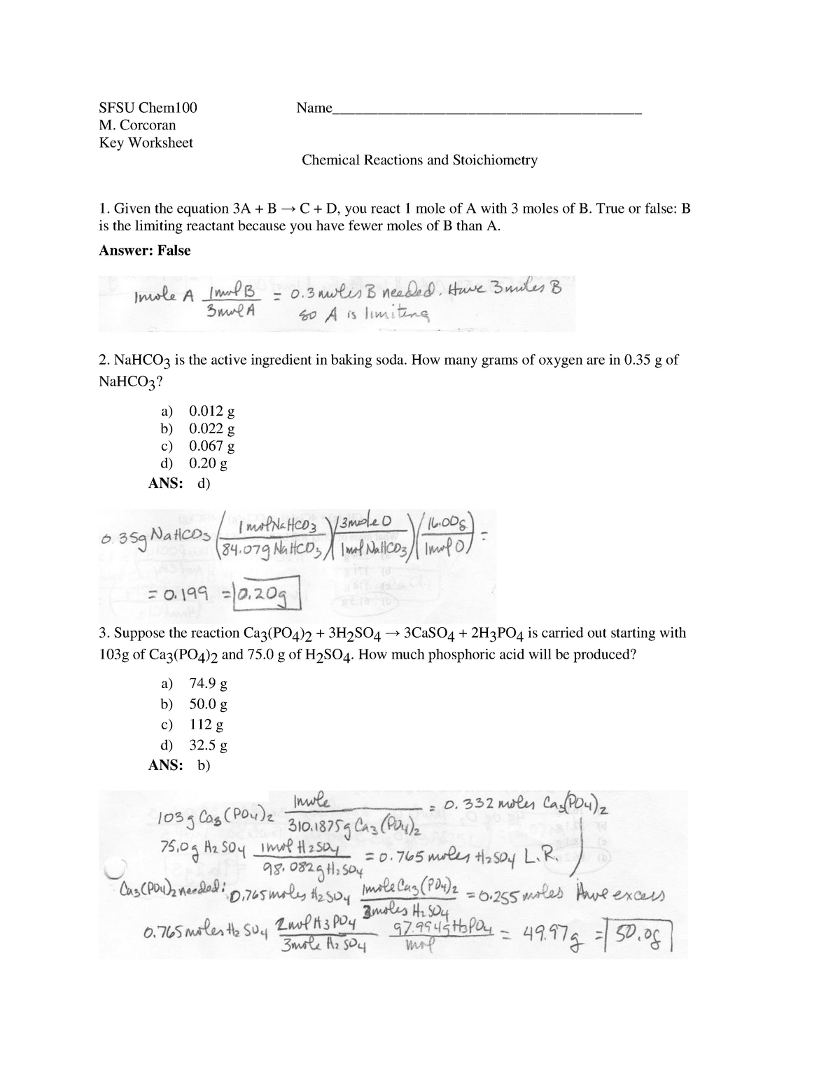 Stoichiometry Worksheet 2 Answers 20