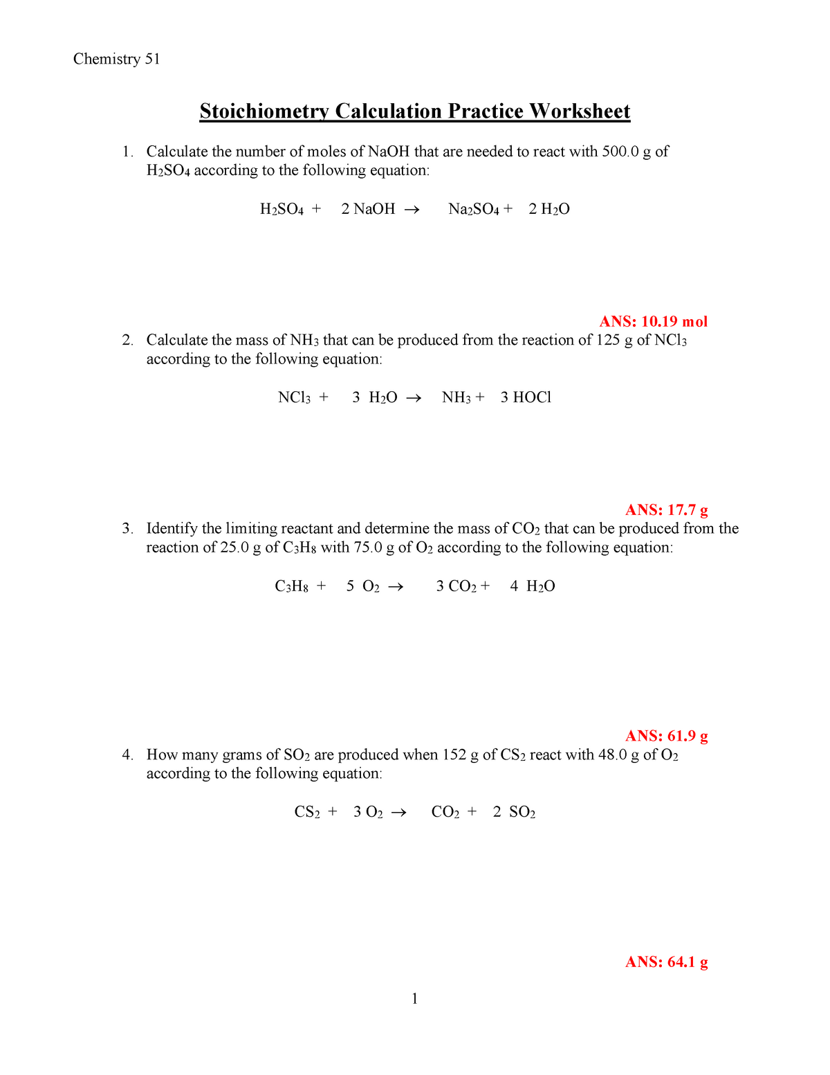 Stoichiometry Worksheet 2 Answers 31