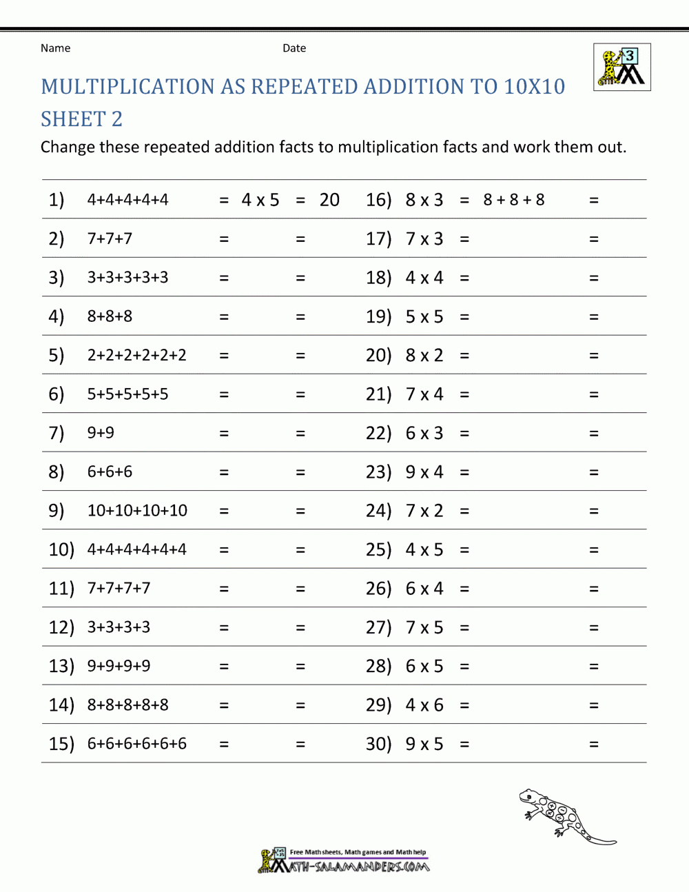 55 Free Multiplication Facts Worksheets 2