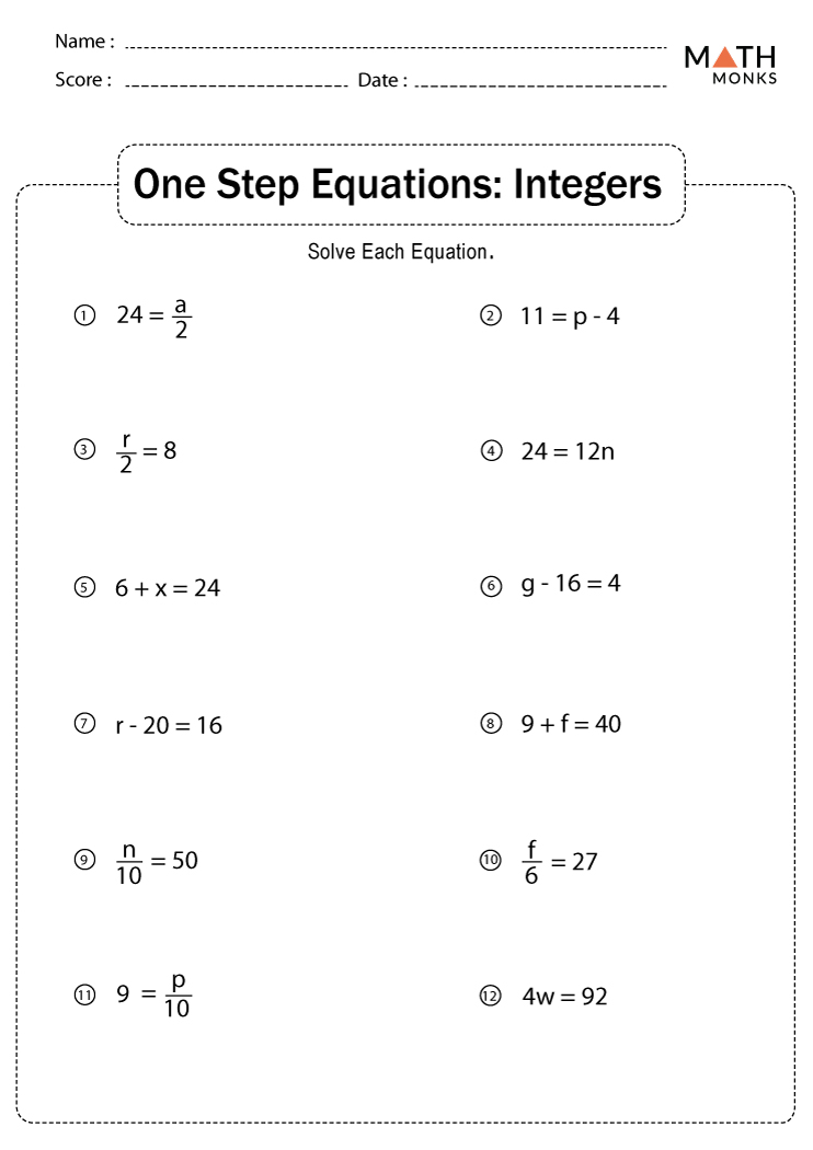 63 Single Step Equations Worksheet 1