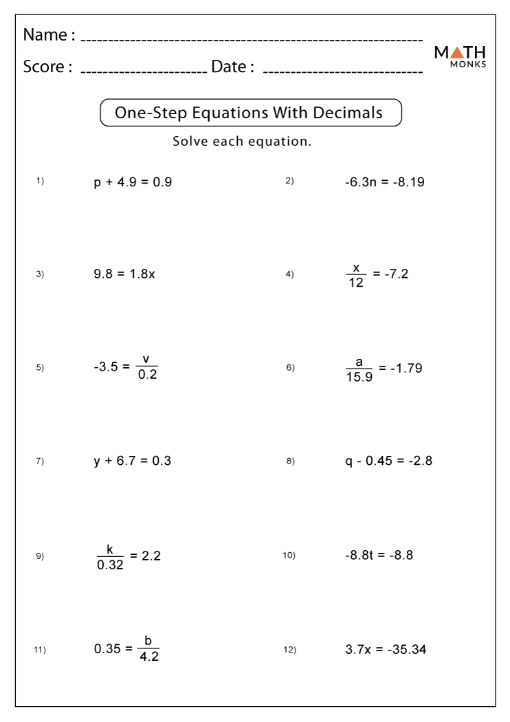 63 Single Step Equations Worksheet 20