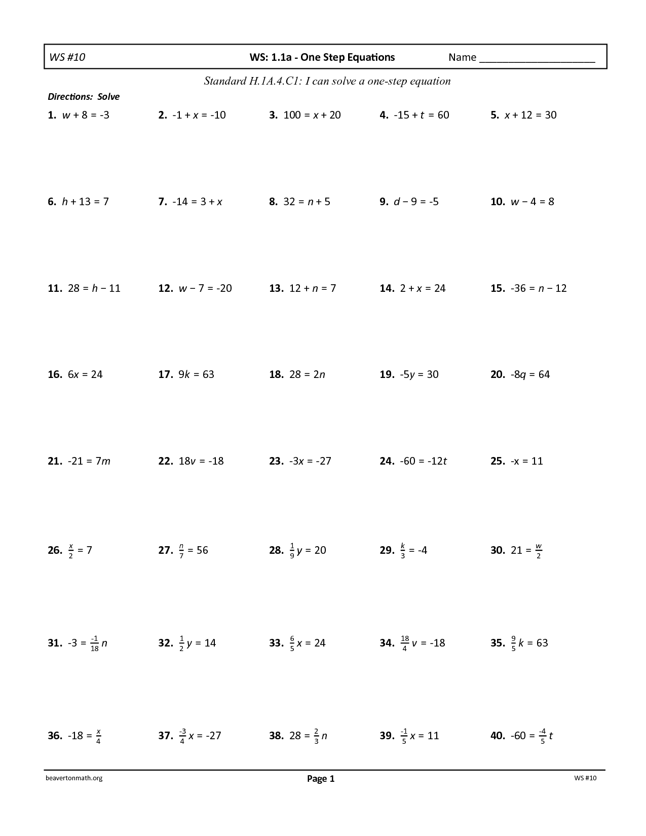 63 Single Step Equations Worksheet 30